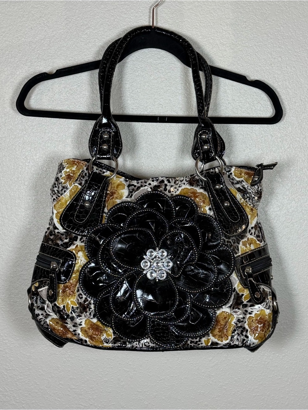Y2K Style Patent Faux Leather Hobo ShoulderBag Rhinestone Zip Floral 3D McBling